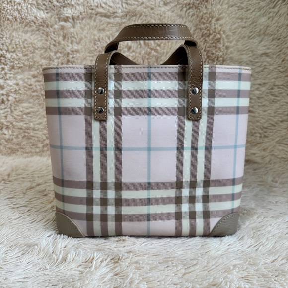 Burberry Handbags - Burberry Plaid Nova Check Small Tote Handbag - Taupe and Candy Pink - Silver HW